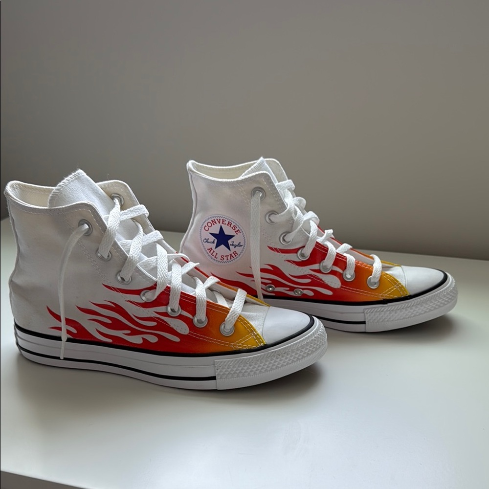 Converse White High-Tops With Red And Yellow Flames- Size W7 M5